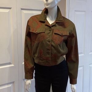 Vintage Moschino Jeans Olive Green Western Bomber Jacket with Red Pattern